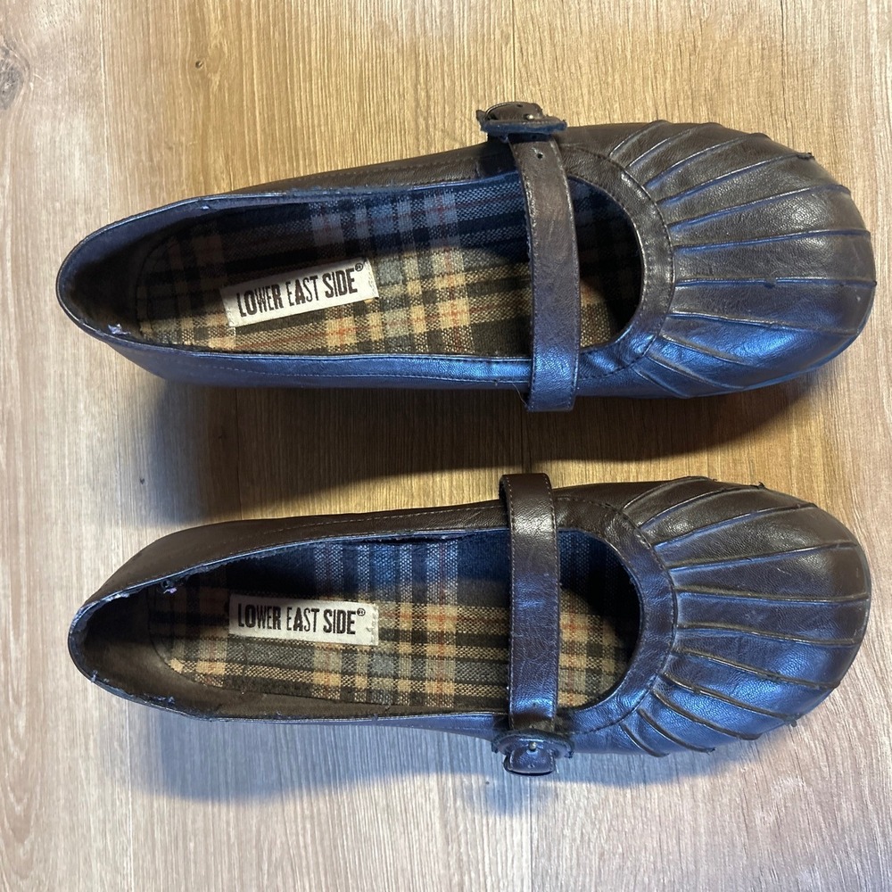 Lower East Side Brown Mary Jane Wedge Pleated Round Toe Plaid Lined Shoes 9.5